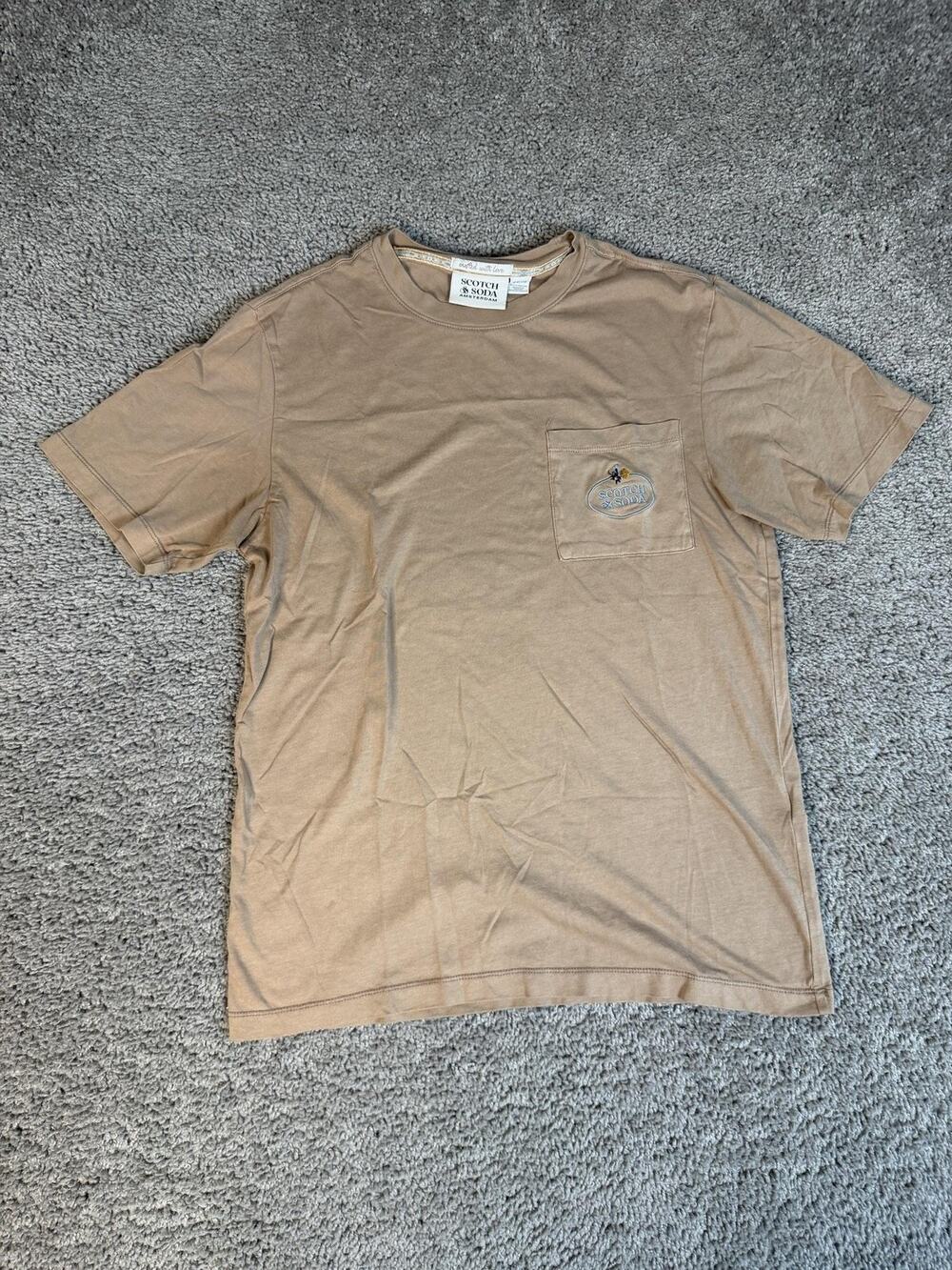 Scotch & Soda Shirt Mens S Beige Pocket Logo Crew Neck Cotton Jersey Regular Fit